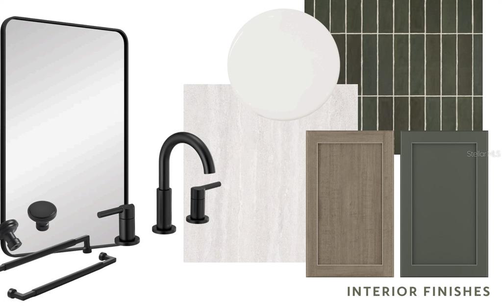 This rendering displays a bathroom design board featuring matte black fixtures, olive tiles, and cabinetry — 6760 HIBISCUS AVENUE S, SOUTH PASADENA, FL