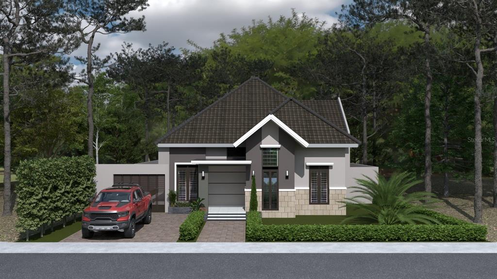 A digital rendering of a modern single-story house with a dark roof and stone accents — 27205 MONTE CRISTO BOULEVARD, PUNTA GORDA, FL