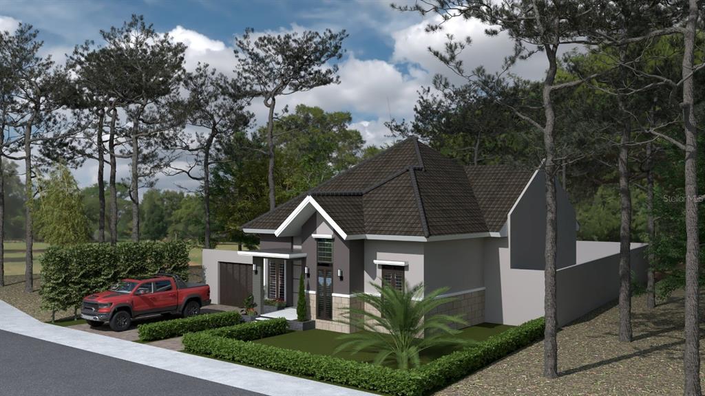 This is a digital rendering of a modern single-story house with a red pickup truck — 27205 MONTE CRISTO BOULEVARD, PUNTA GORDA, FL