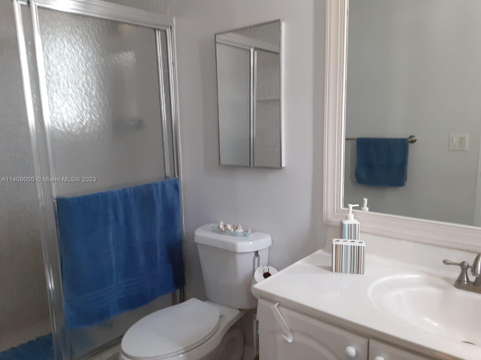 A bathroom features a white vanity, a toilet, a shower stall, and a wall mirror — 3801 S Ocean Dr # 5O, Hollywood FL 33019, HOLLYWOOD, FL
