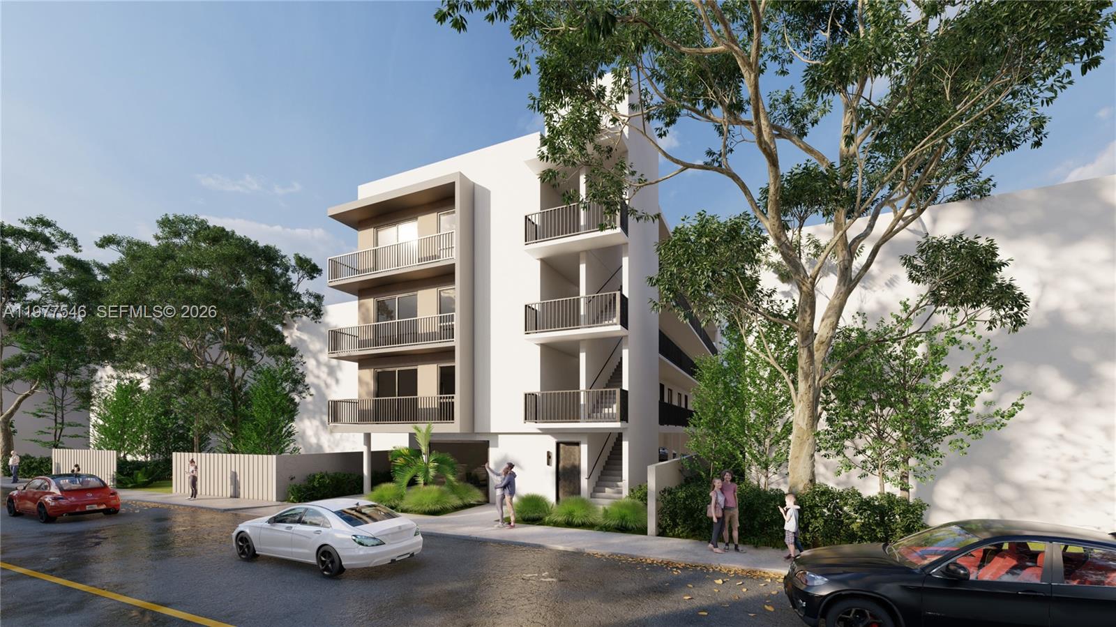 A digital rendering shows the exterior of a modern four-story apartment building with balconies — 61 NW 17th Pl, Miami FL 33125, MIAMI, FL
