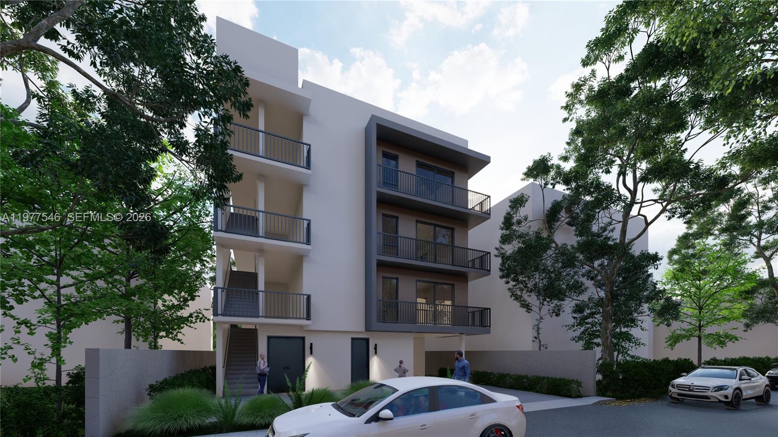 This is a rendering of a modern three-story apartment building with balconies and exterior stairs — 61 NW 17th Pl, Miami FL 33125, MIAMI, FL