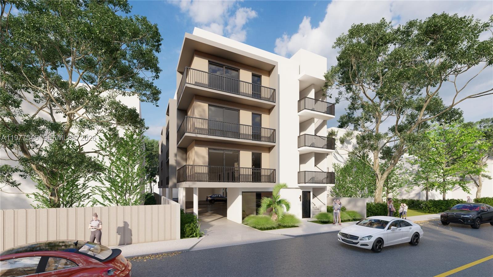 This is a digital rendering of a modern three-story apartment building with balconies and parking — 61 NW 17th Pl, Miami FL 33125, MIAMI, FL
