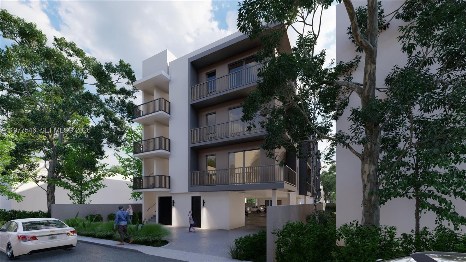 This is a digital rendering of a modern three-story apartment building with balconies and parking — 61 NW 17th Pl, Miami FL 33125, MIAMI, FL