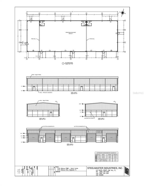 This architectural blueprint shows floor plans and exterior elevations for a proposed industrial building — 2724 HIBISCUS DRIVE, EDGEWATER, FL