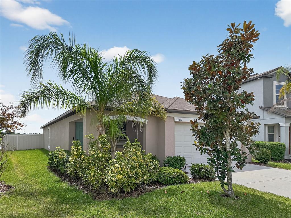 A beige single-story house features a palm tree, landscaping, and a white garage door — 14441 TOUCH GOLD LANE, SUN CITY CENTER, FL