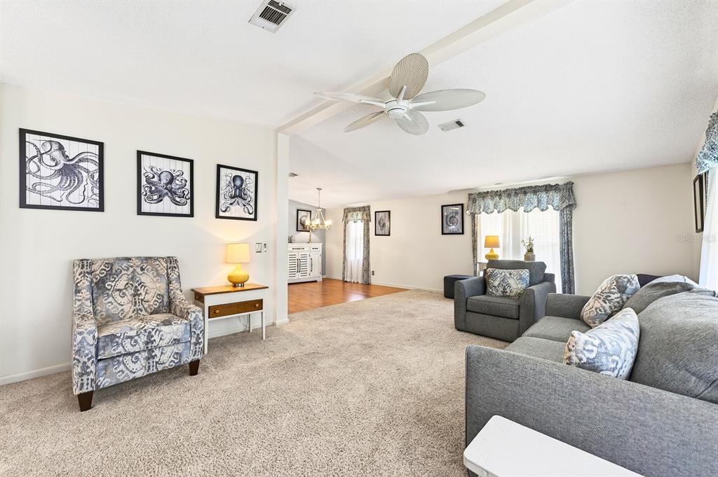 A living room features carpeted floors, a ceiling fan, and a patterned armchair — 1603 COG HILL DRIVE, LADY LAKE, FL