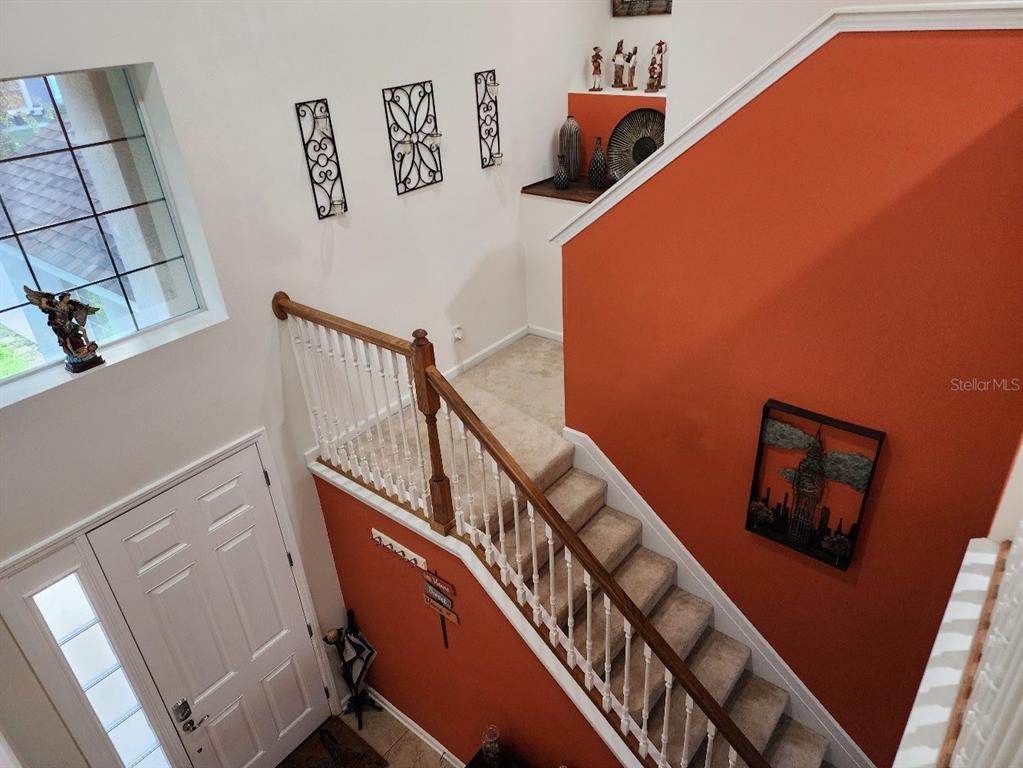 An elevated view of a carpeted staircase with white railings next to an orange wall — 992 NODDING SHADE DRIVE, BROOKSVILLE, FL