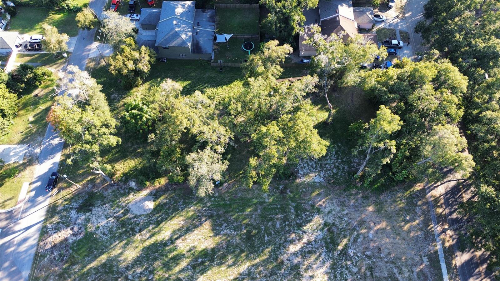 An aerial view shows a wooded residential lot with surrounding houses and paved streets — 0 Sand lot #39 Avenue, FL 32703, FL