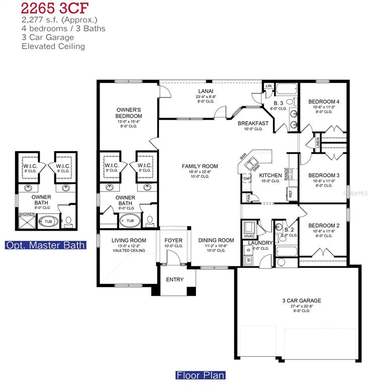 This floor plan shows a four-bedroom, three-bathroom home with a three-car garage and lanai — 14157 EMERSON LANE, PORT CHARLOTTE, FL