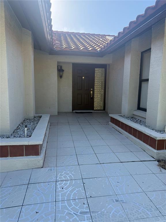 The front entrance features a tiled walkway flanked by two raised planters leading to a door — 8102 S IBIZA COURT, ORLANDO, FL