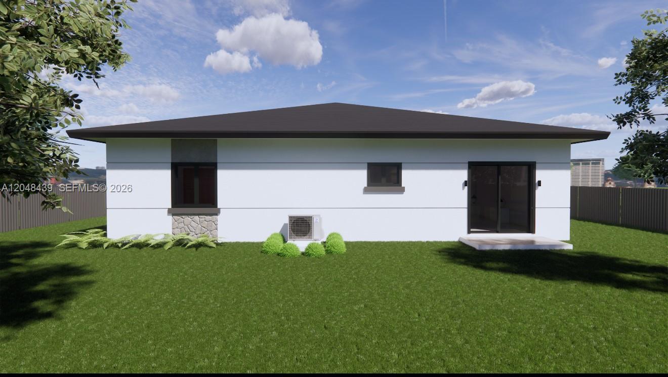 This is a digital rendering of the rear exterior of a single-story house — 2960 NW 93rd St, Miami FL 33147, MIAMI, FL