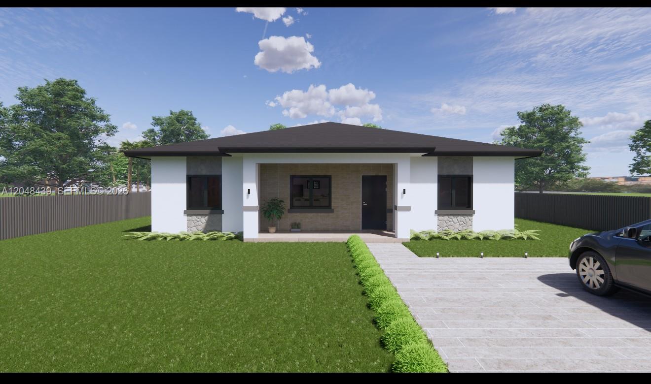 This is a digital rendering of a single-story house with a covered front porch — 2960 NW 93rd St, Miami FL 33147, MIAMI, FL