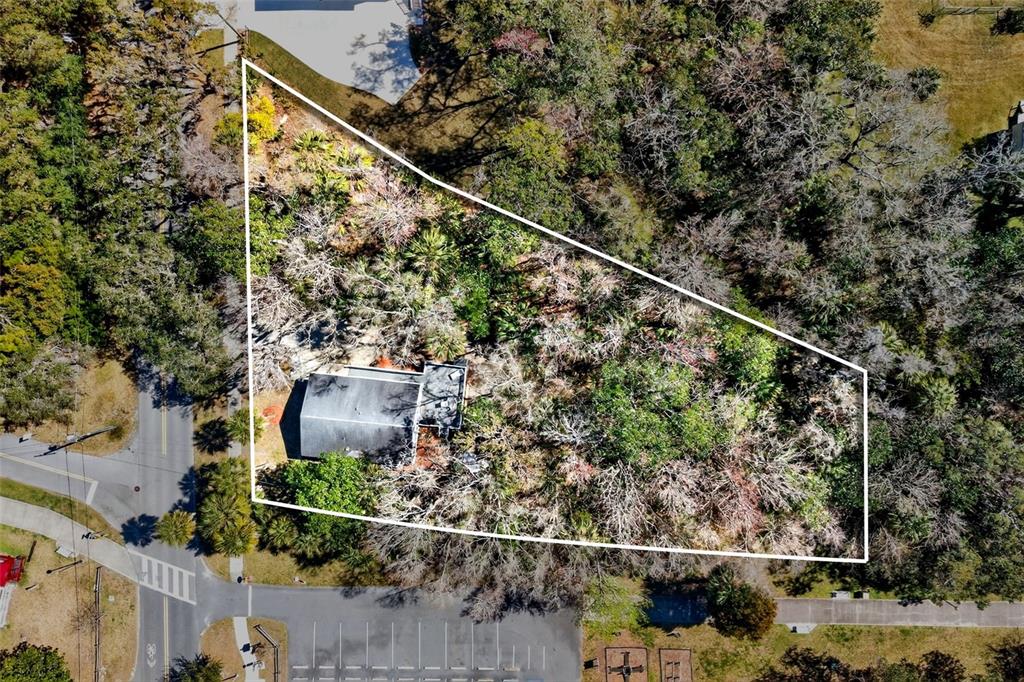 An aerial view shows a house situated on a large, triangular, wooded lot — 110 NE CRYSTAL STREET, CRYSTAL RIVER, FL