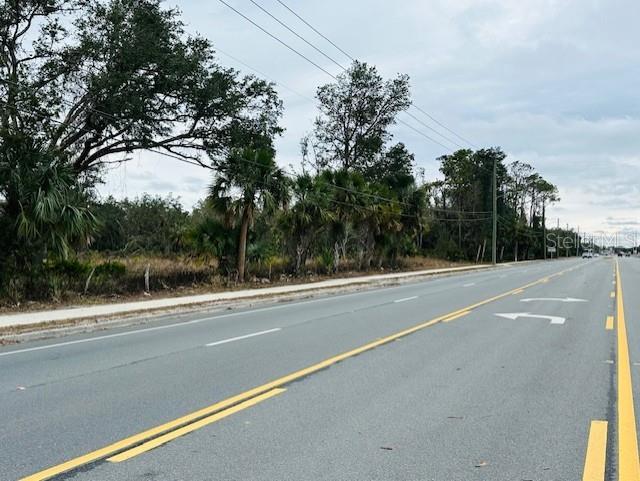 A paved road runs alongside a vacant, wooded lot with palm trees and utility lines — 17450 SE HIGHWAY 19, CROSS CITY, FL