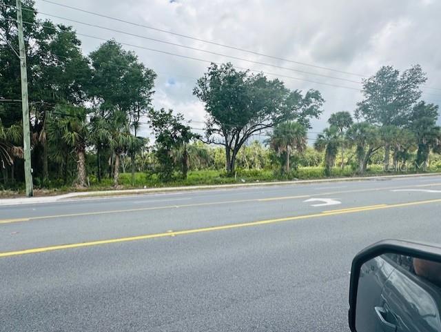 A view of a vacant, wooded lot from a road with a car mirror visible — 17450 SE HIGHWAY 19, CROSS CITY, FL