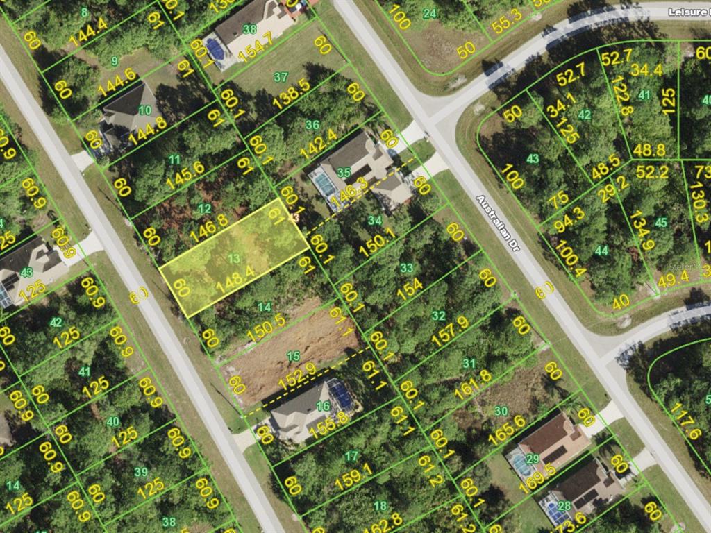 This is an aerial map showing residential property lot lines and dimensions — 124 WAHOO DRIVE, ROTONDA WEST, FL