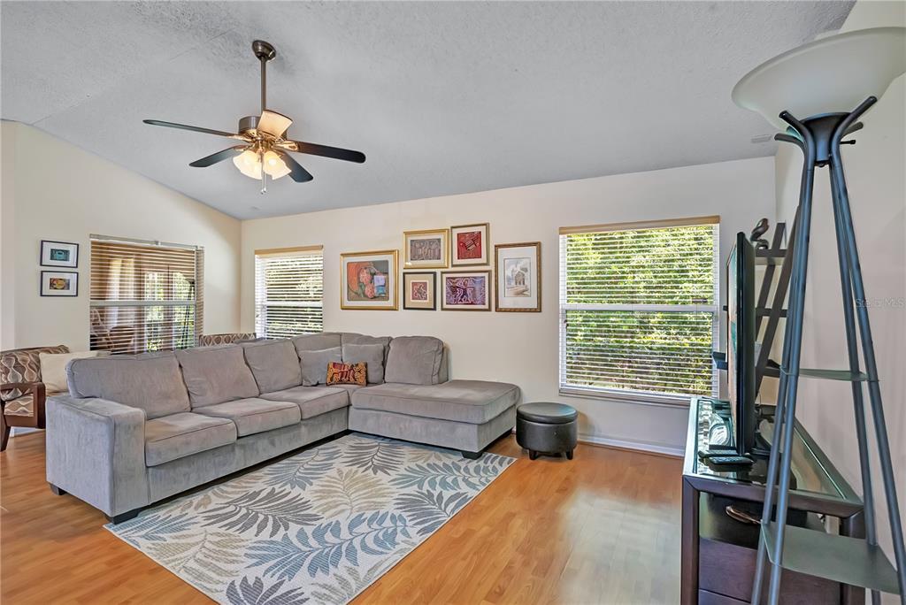 A living room features a gray sectional sofa, a patterned area rug, and a ceiling fan — 1193 WINTERVILLE STREET, DELTONA, FL