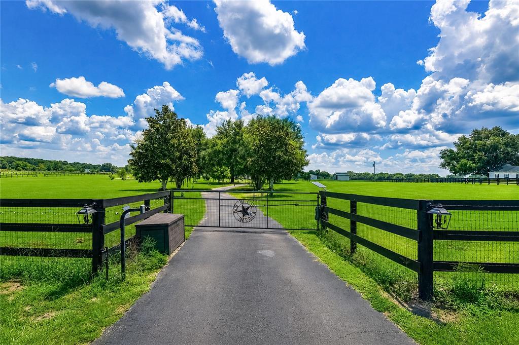 A paved driveway leads through a gated entrance into a large, grassy fenced pasture — 12345 NE 14TH AVENUE, ANTHONY, FL