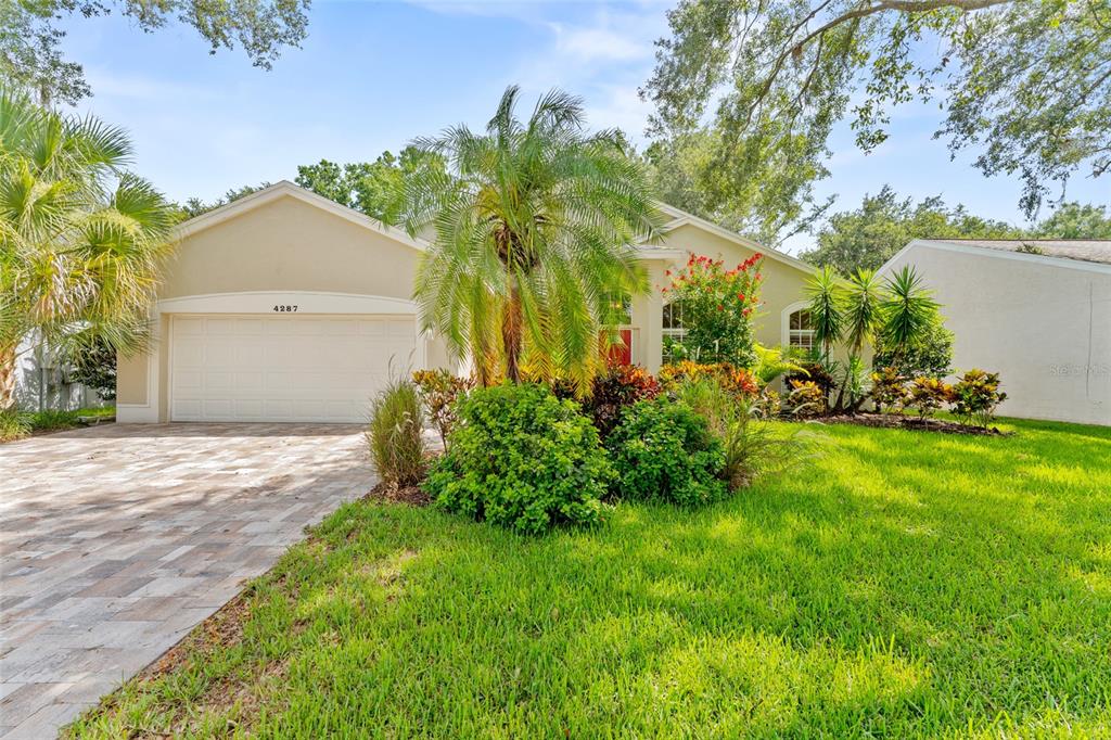 A single-story house with a paved driveway, palm trees, and landscaping in the front yard — 4287 TREMBLAY WAY, PALM HARBOR, FL