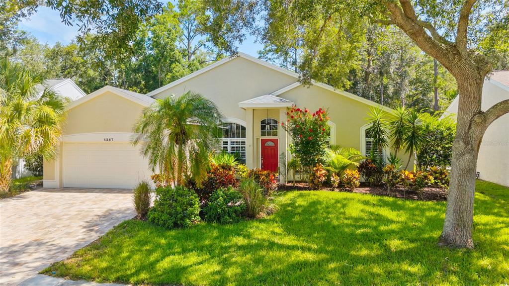 A single-story house with a beige stucco exterior, a red front door, and a paved driveway — 4287 TREMBLAY WAY, PALM HARBOR, FL