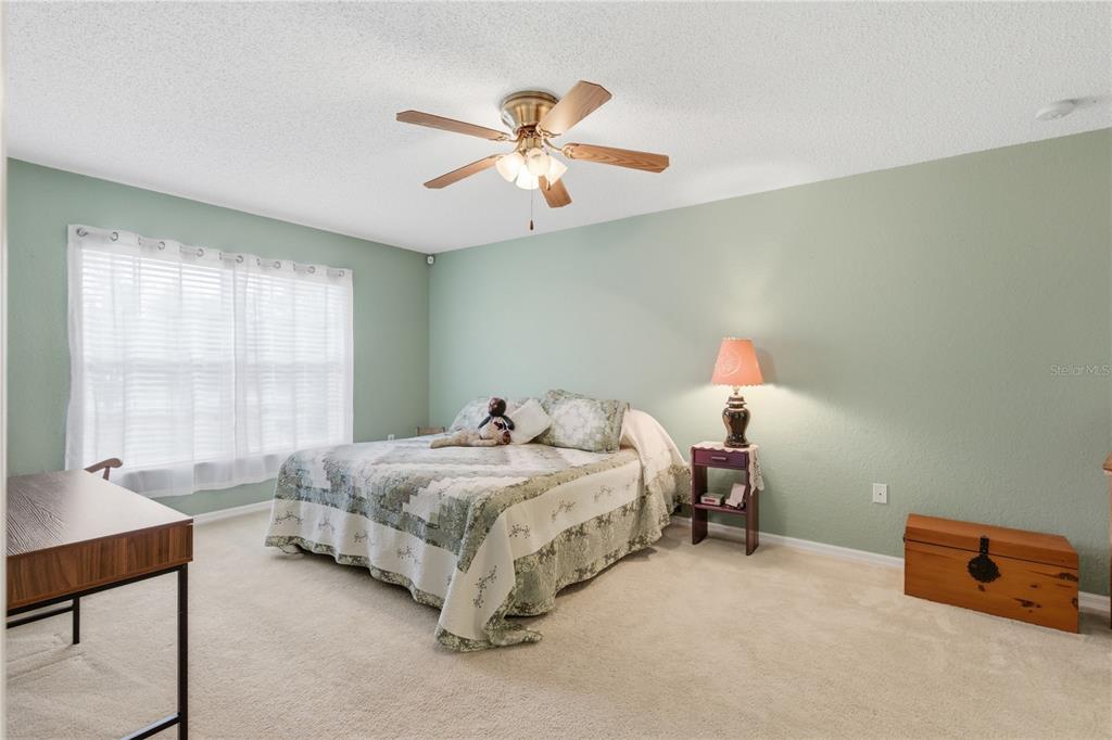 A bedroom features light green walls, a ceiling fan, a bed with a quilt, and carpet — 13056 PAINTED BUNTING AVENUE, WEEKI WACHEE, FL