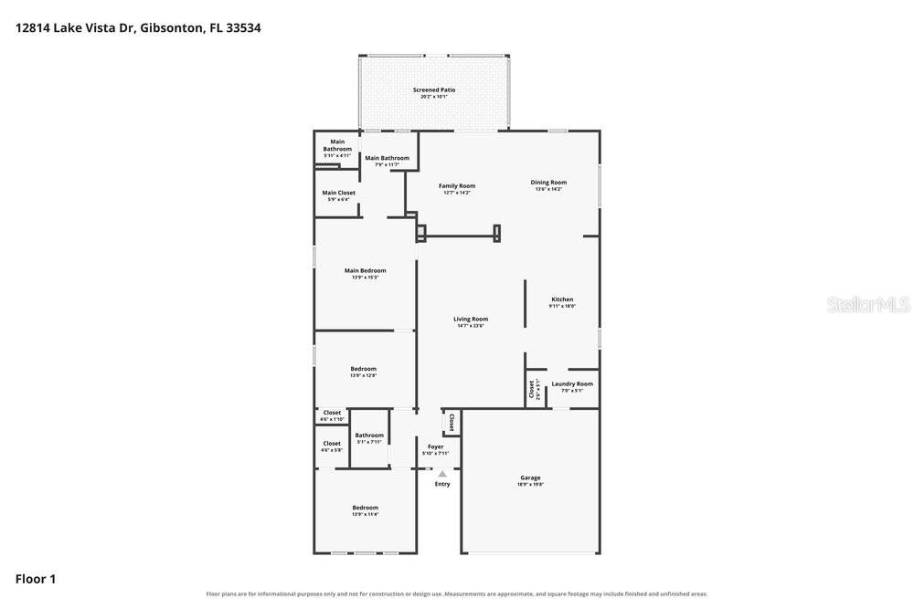 This is a floor plan for a single-story residential home with a garage and patio — 12814 LAKE VISTA DRIVE, GIBSONTON, FL