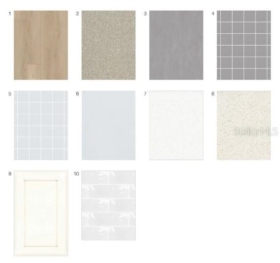 This image displays a grid of ten interior design material samples, including flooring, tile, and cabinetry — 3217 TORTA COURT, BRADENTON, FL