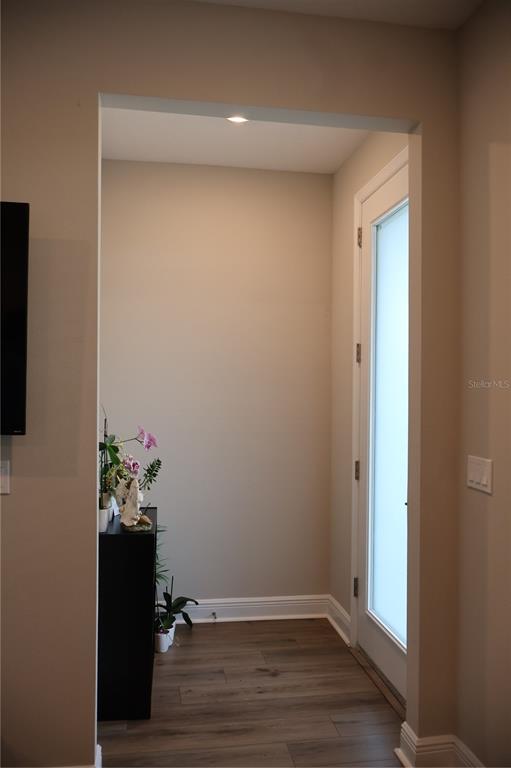 A small entryway features wood-look flooring, a frosted glass door, and a black console table — 4958 CITRUS LEAF BLVD, WINTER GARDEN, FL