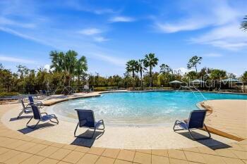 A swimming pool with lounge chairs on a paved deck surrounded by palm trees — 17132 WHITE MANGROVE DRIVE, WIMAUMA, FL