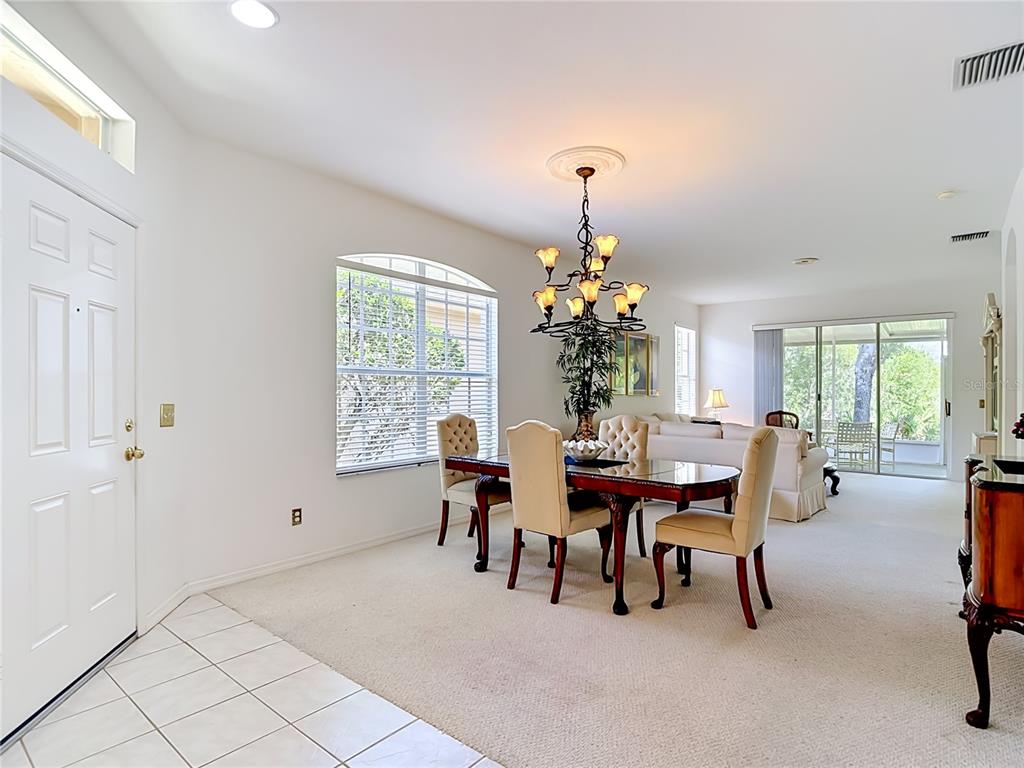A dining area with a chandelier and table set sits adjacent to a living room — 19180 LAKE AUDUBON DRIVE, TAMPA, FL