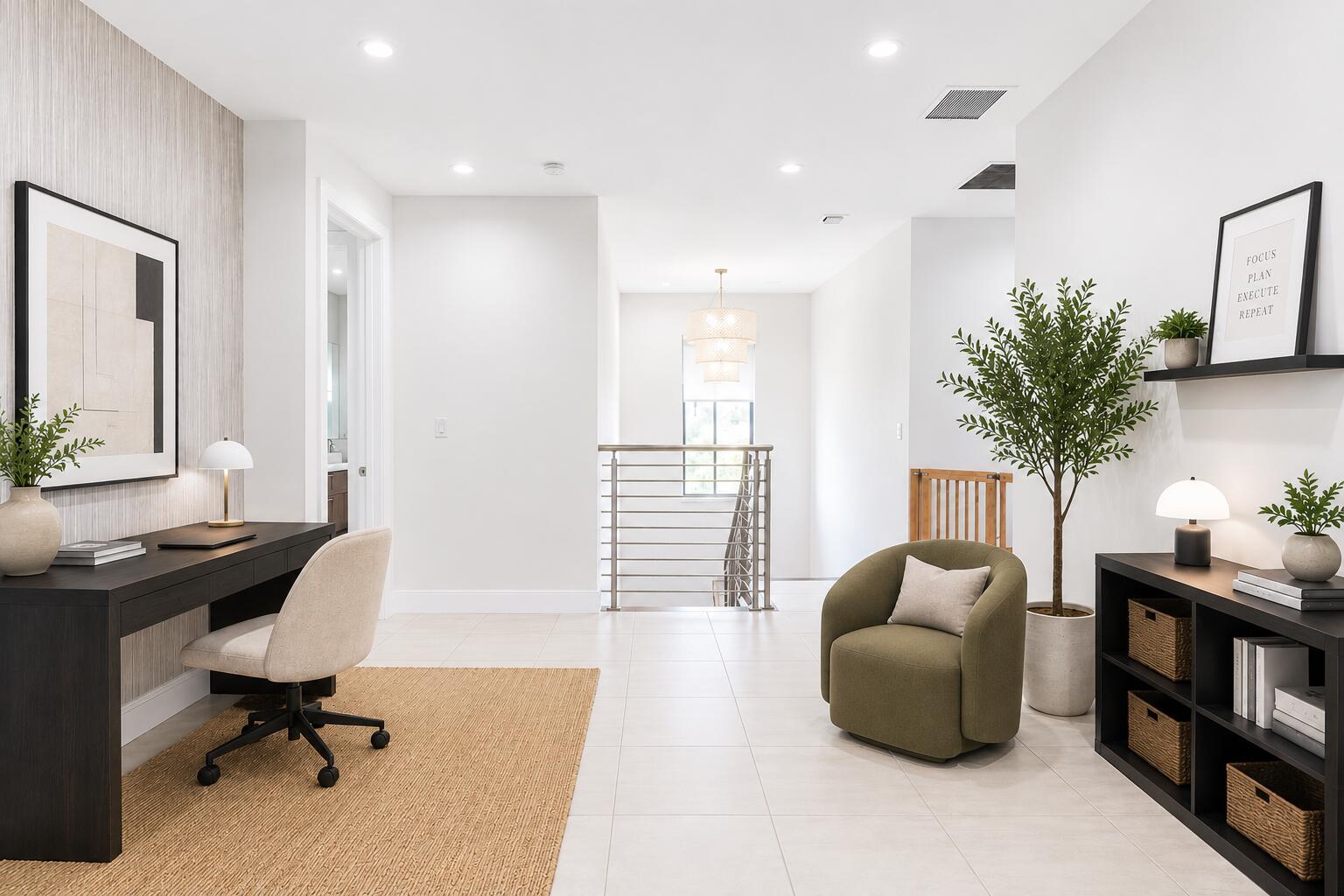 A modern home office features a dark desk, an olive armchair, and a staircase landing — 8272 NW 44th Terrace, Doral FL 33166, DORAL, FL