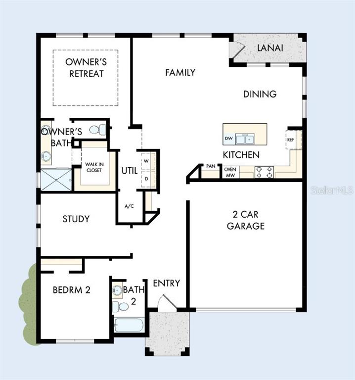 This is a floor plan for a single-story home with two bedrooms, a study, and garage — 5257 COLONY VISTA DRIVE, APOLLO BEACH, FL
