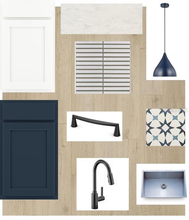 This is a digital rendering of a kitchen design board featuring cabinetry, hardware, and finishes — 5257 COLONY VISTA DRIVE, APOLLO BEACH, FL