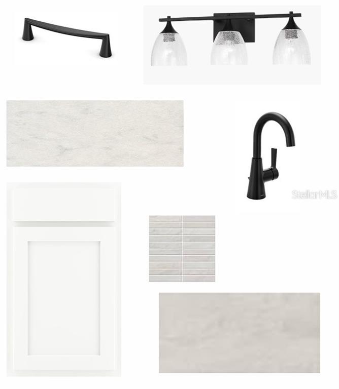 This digital design board displays finishes for a bathroom, including white cabinets, fixtures, and tile — 5257 COLONY VISTA DRIVE, APOLLO BEACH, FL