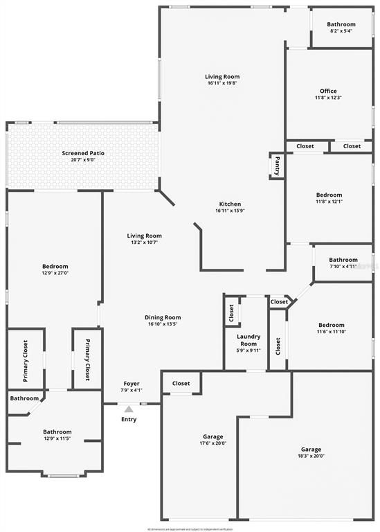 This is a floor plan of a single-story house with a garage and screened patio — 3603 DAYDREAM PLACE, ST CLOUD, FL