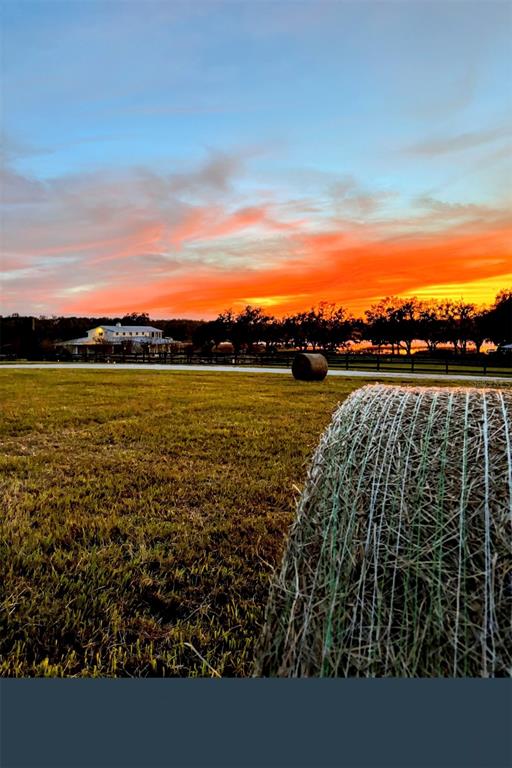 A large round hay bale sits in a grassy field before a house at sunset — COVINGTON ROAD, DADE CITY, FL