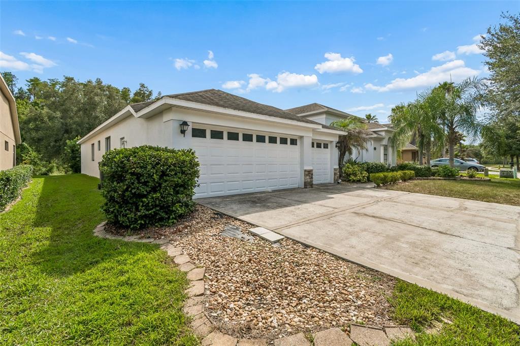 A white house with a multi-car garage, a concrete driveway, and a landscaped front yard — 19236 CLIMBING ASTER DRIVE, TAMPA, FL