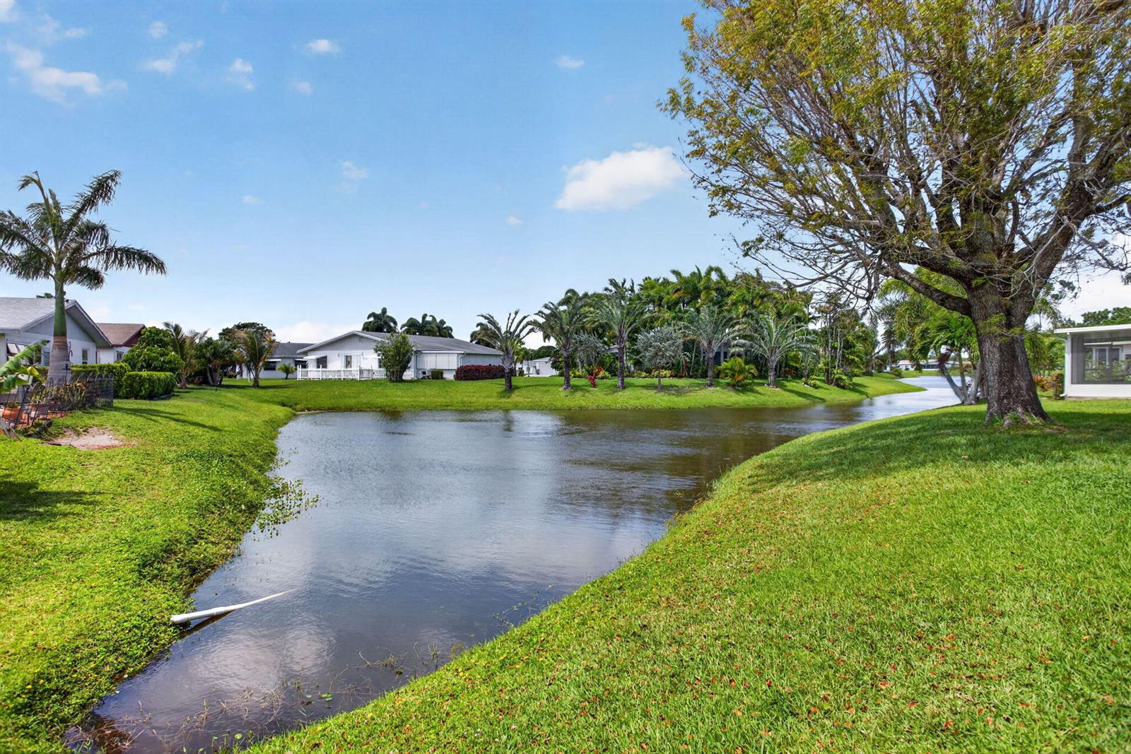 A grassy yard slopes down to a small pond surrounded by palm trees and houses — 13891 Packard Terrace, Delray Beach FL 33484, DELRAY BEACH, FL