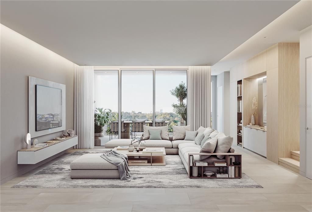 This is a rendering of a modern living room with a sectional sofa and balcony view — 1028 SUNSET POINT ROAD UNIT R9, CLEARWATER, FL