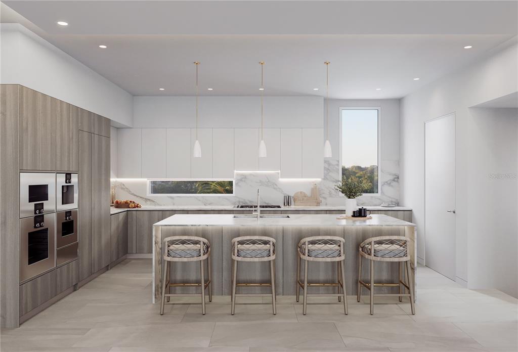 This is a rendering of a modern kitchen featuring wood cabinetry, marble countertops, and island seating — 1028 SUNSET POINT ROAD UNIT R9, CLEARWATER, FL