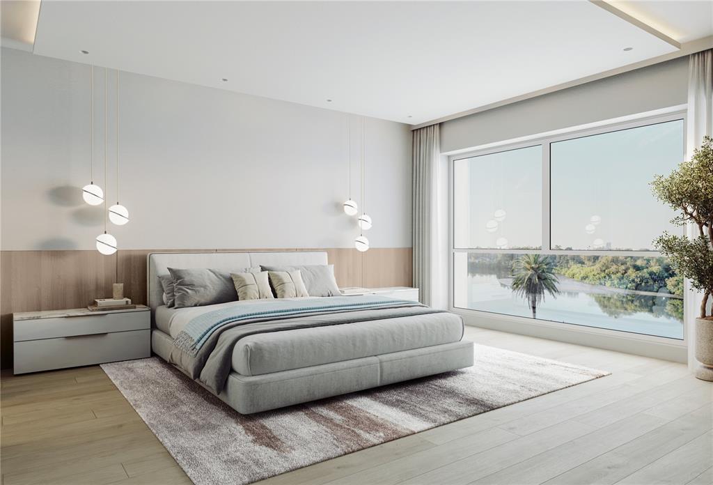 This is a rendering of a modern bedroom with a large bed and river view — 1028 SUNSET POINT ROAD UNIT R9, CLEARWATER, FL