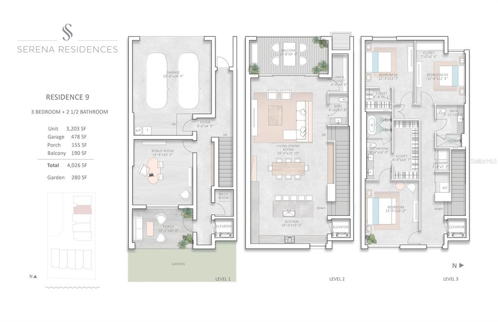 This floor plan shows the three levels of a residence including a garage and garden — 1028 SUNSET POINT ROAD UNIT R9, CLEARWATER, FL