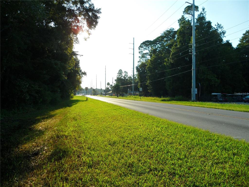 A paved road stretches into the distance between a grassy shoulder and wooded areas — 8330 & 8298 W GROVER CLEVELAND BOULEVARD, HOMOSASSA, FL