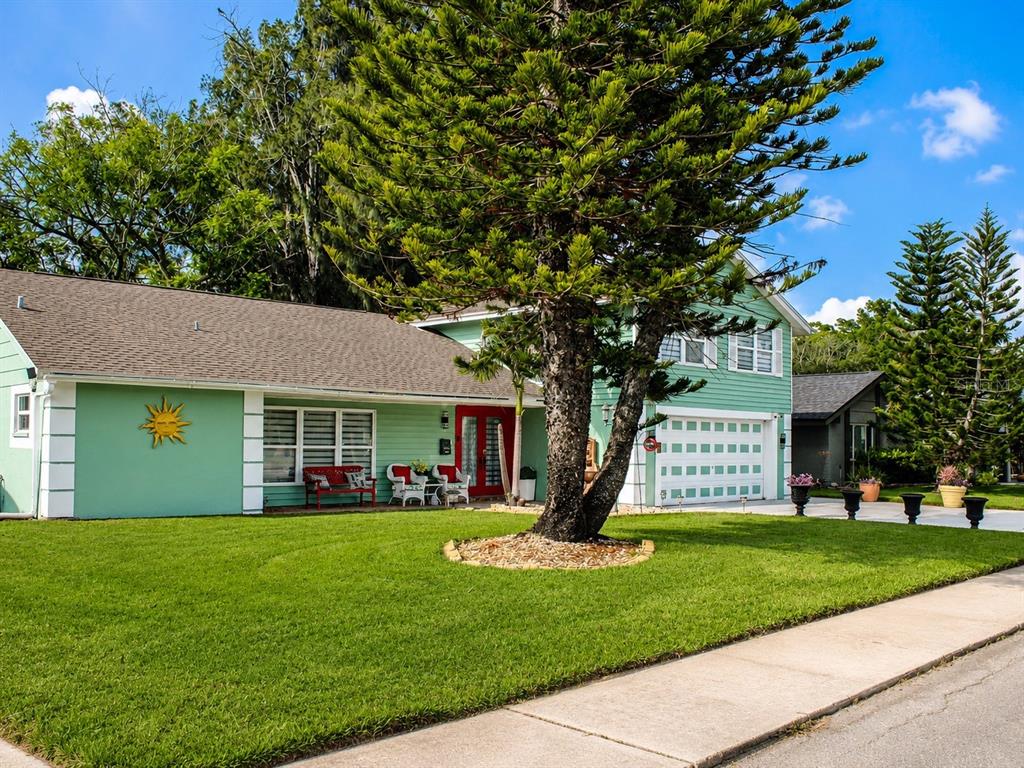 A light green house with a red front door and a large tree in front — 12416 COBBLE STONE DRIVE, HUDSON, FL