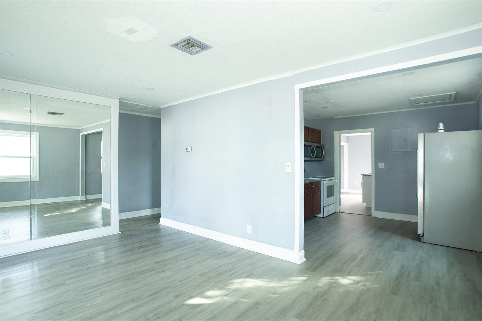 A living area with light gray walls, wood-look flooring, and a mirrored closet wall — 849 W 2nd Street, Riviera Beach FL 33404, RIVIERA BEACH, FL