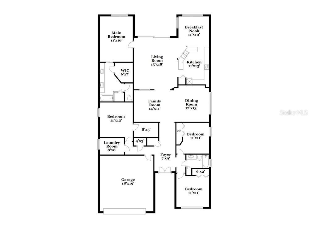This is a floor plan for a single-story house with four bedrooms and a garage — 1221 BARCLAY WOOD DRIVE, RUSKIN, FL