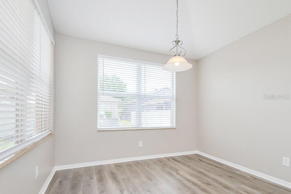 An empty dining area features light gray walls, wood-look flooring, and a hanging pendant light — 1221 BARCLAY WOOD DRIVE, RUSKIN, FL