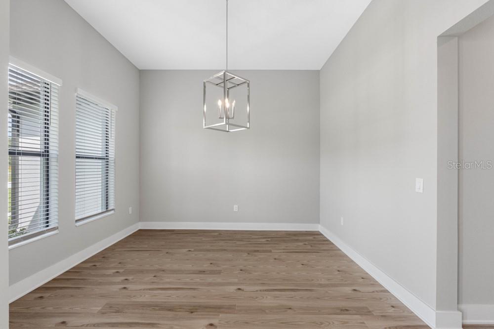 An empty dining room features light gray walls, wood-look flooring, and a modern geometric chandelier — 17521 LIPPIZAN LANE, HUDSON, FL