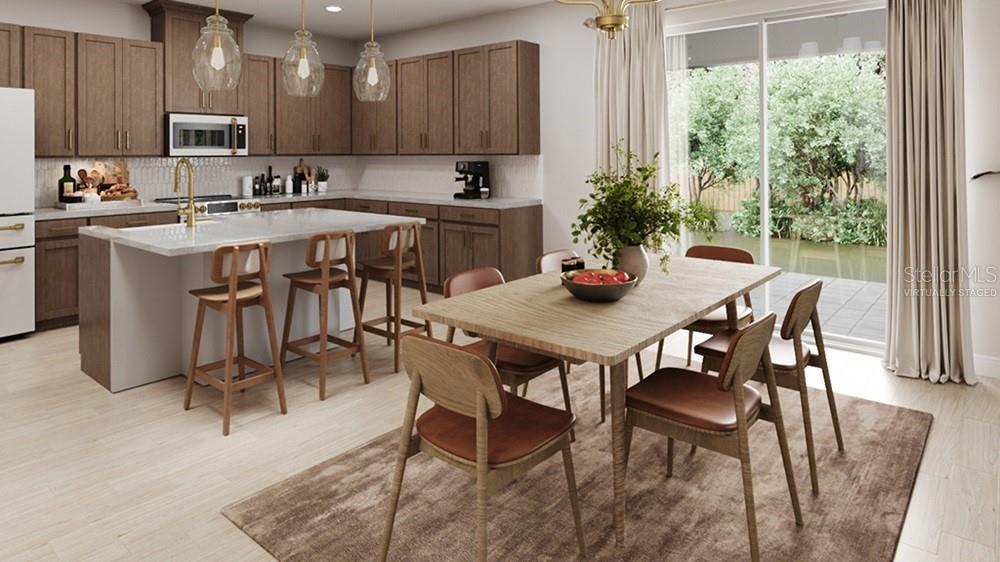 This rendering shows a kitchen and dining area with wood cabinets and a center island — 7812 CENTAURUS WAY, SARASOTA, FL